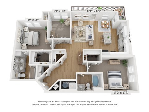 Floor plan for 2 beds, 2 baths, 1295 sqft